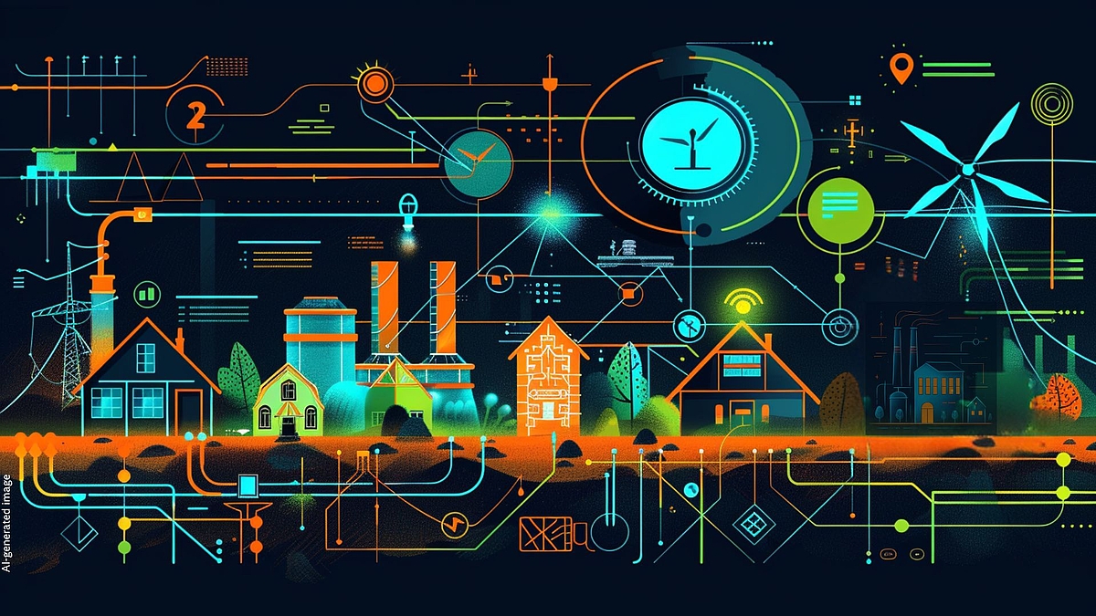 write short image discreption 14:49  A vibrant, tech-infused illustration depicting an interconnected energy landscape. Against a dark background, residential homes, industrial buildings, and a wind turbine are linked by glowing circuit-like lines in orange, teal, and green. Data icons, gauges, and network symbols overlay the scene, conveying the complexity of a modern smart energy grid — balancing power generation, distribution, and consumption across communities.