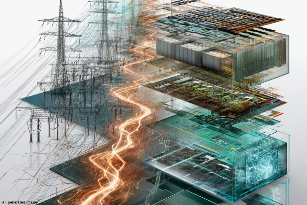 AI-generated image of power lines sending glowing orange energy into layered, translucent data center hardware.