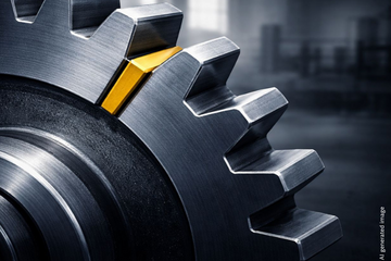 Close-up of two interlocking metal gears in an industrial setting. A golden/yellow wedge is lodged between the gear teeth, blocking the mechanism.