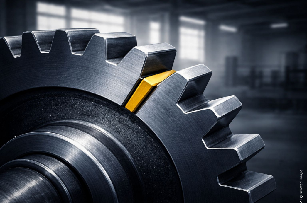Close-up of two interlocking metal gears in an industrial setting. A golden/yellow wedge is lodged between the gear teeth, blocking the mechanism.