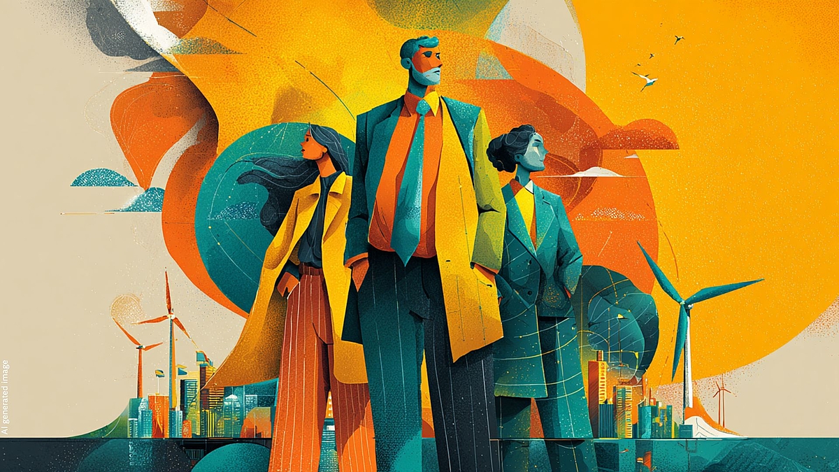 The illustration shows three confident figures — two women and a man — standing united against a vibrant backdrop of warm oranges and teals. Behind them, wind turbines and city skylines symbolize a sustainable energy future. The bold, graphic style conveys strength, solidarity, and collective resilience.
