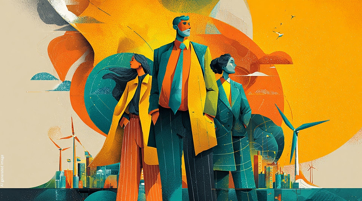 The illustration shows three confident figures — two women and a man — standing united against a vibrant backdrop of warm oranges and teals. Behind them, wind turbines and city skylines symbolize a sustainable energy future. The bold, graphic style conveys strength, solidarity, and collective resilience.