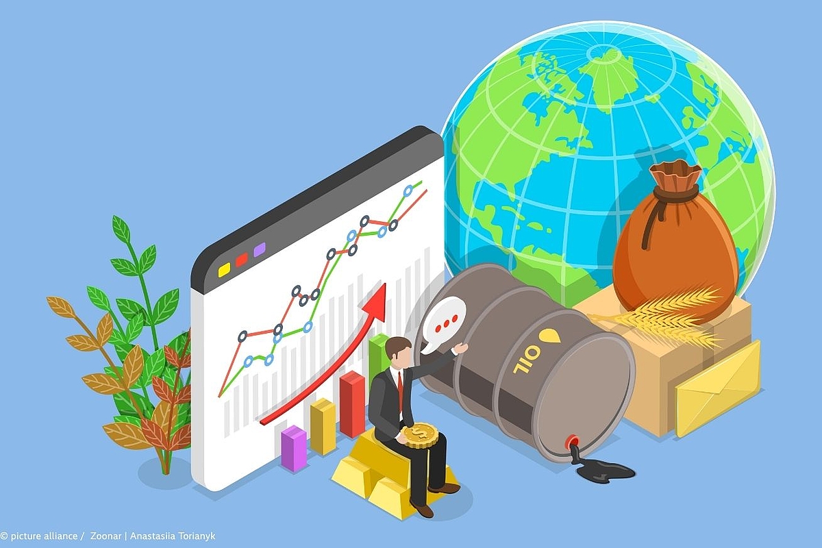 Isometric illustration of a businessman analyzing rising commodity prices, with symbols of oil, gold, wheat, and a world globe.
