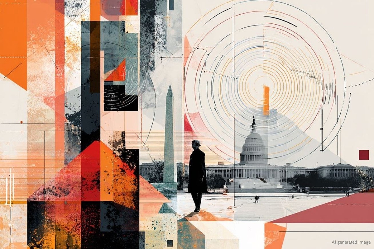 KI-generierte digitale Collage, die eine einsame Silhouette vor dem US-Kapitol und dem Washington Monument zeigt, umgeben von abstrakten geometrischen Formen in Orange, Rot und Schwarz, überlagert von konzentrischen, signalartigen Kreisen — und damit Themen der Desinformation und Informationsüberflutung in der amerikanischen politischen Landschaft evoziert.