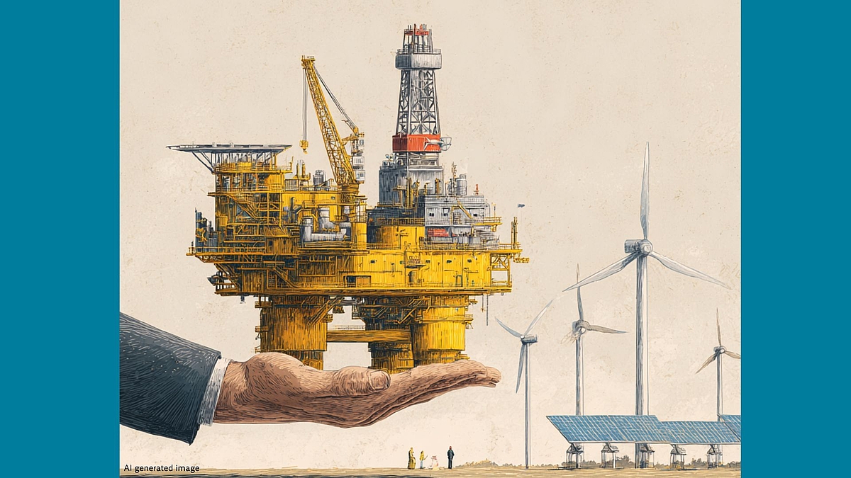 The image depicts a striking visual contrast between fossil fuels and renewable energy. A large hand, dressed in a business suit, cradles an enormous offshore oil drilling platform — rendered in bold yellows and grays — as if presenting or offering it. In the background, standing much smaller by comparison, are wind turbines and solar panels, representing renewable energy sources. Tiny human figures near the base of the oil platform emphasize the massive scale of the fossil fuel infrastructure. The composition suggests an imbalance in how fossil fuels and renewables are valued, prioritized, or supported — with fossil energy literally being "handed" preferential treatment.