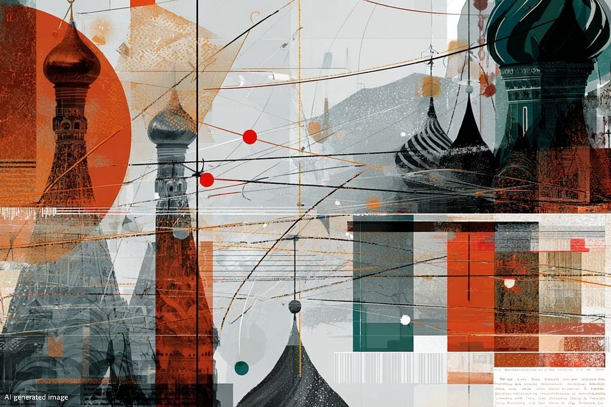 "Abstract digital collage depicting Moscow's iconic onion-domed architecture overlaid with intersecting lines and network nodes, symbolizing disinformation networks originating from Russia."