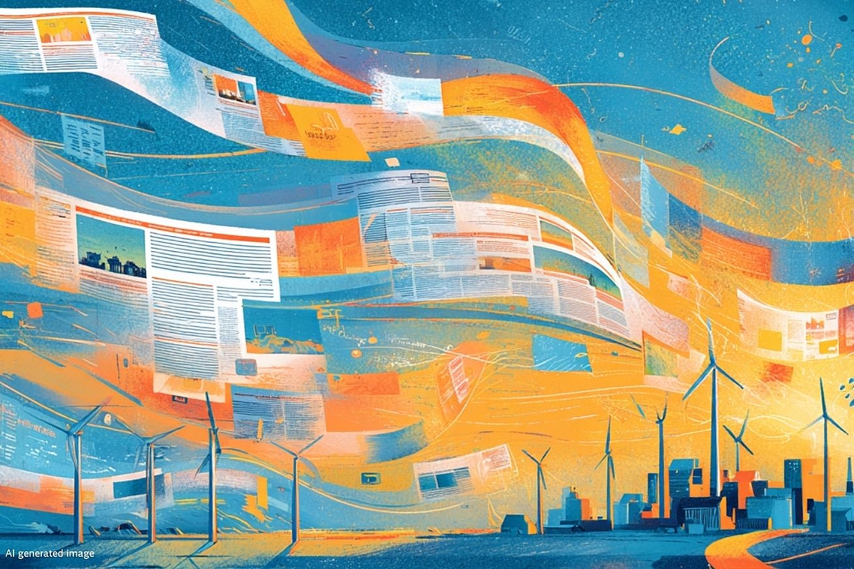 A vibrant digital illustration showing streams of documents and web pages flowing like ribbons through a warm blue and orange sky, above a landscape with wind turbines and a city skyline in the background, symbolizing the flow of information in the context of energy infrastructure.