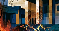 Write a brief alternative text related to the attached image  Alt text:  "AI-generated illustration showing flames and glowing cracks spreading toward and through the columns of a classical government-style building, symbolizing institutions under strain from populist pressure."