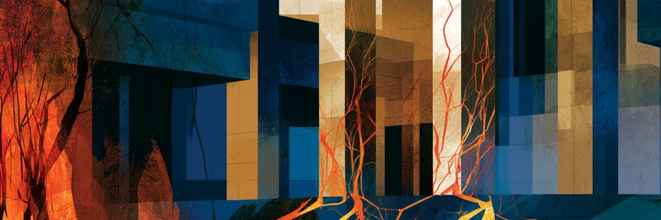 Write a brief alternative text related to the attached image  Alt text:  "AI-generated illustration showing flames and glowing cracks spreading toward and through the columns of a classical government-style building, symbolizing institutions under strain from populist pressure."