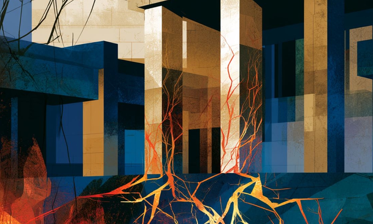 Write a brief alternative text related to the attached image  Alt text:  "AI-generated illustration showing flames and glowing cracks spreading toward and through the columns of a classical government-style building, symbolizing institutions under strain from populist pressure."