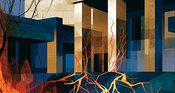 Write a brief alternative text related to the attached image  Alt text:  "AI-generated illustration showing flames and glowing cracks spreading toward and through the columns of a classical government-style building, symbolizing institutions under strain from populist pressure."