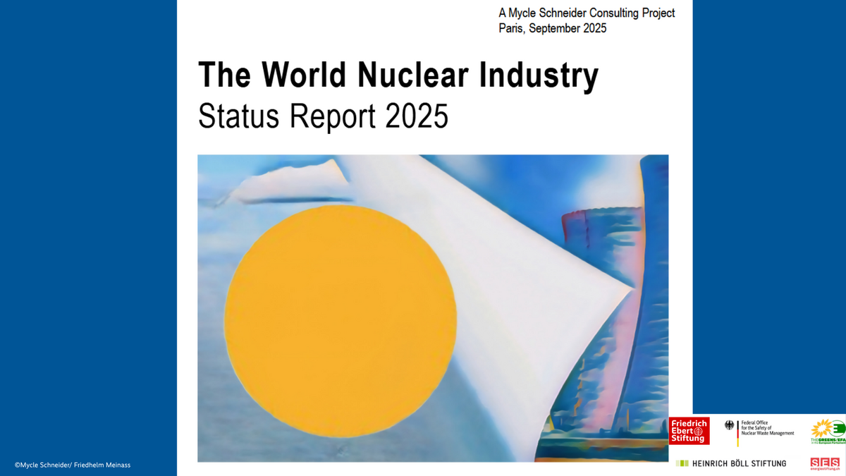 "Cover page of The World Nuclear Industry Status Report 2025 by Mycle Schneider Consulting, featuring an abstract artistic design with a large yellow circle against blue and white geometric shapes suggesting industrial structures."