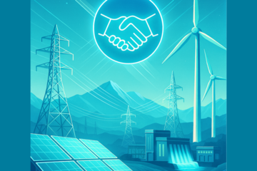 Image Description This image depicts a conceptual illustration of sustainable energy and environmental partnership. The composition features: Central Element: A white icon of two hands shaking inside a circle, symbolizing collaboration, agreement, or partnership, positioned prominently in the upper portion of the image. Background Elements: The scene showcases various renewable energy infrastructure rendered in a cyan/turquoise color scheme:  Wind turbines on the right side Solar panels in the foreground at the bottom Electrical transmission towers/power lines on the left Mountains in the background A modern building or facility structure  Visual Style: The entire image uses a monochromatic cyan-blue overlay with a translucent, futuristic aesthetic, creating a cohesive tech-forward environmental theme. Symbolic Meaning: This image represents green energy collaboration, sustainable development partnerships, clean technology agreements, or corporate environmental responsibility initiatives. It would typically be used to illustrate concepts related to:  Renewable energy partnerships Clean energy investments Sustainability agreements Green technology collaboration Environmental business initiatives