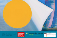 Abstract artwork showing a large yellow circle against a blue background, intersected by white geometric shapes; logos of the World Nuclear Industry Status Report, Friedrich-Ebert-Stiftung, Heinrich Böll Stiftung Brussels, and the Federal Office for the Safety of Nuclear Waste Management appear at the bottom.