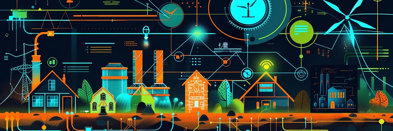 "Stylized infographic showing homes and factories linked by electric grids and renewable energy icons in bright orange, cyan, and green, symbolizing Europe's energy transition challenge."