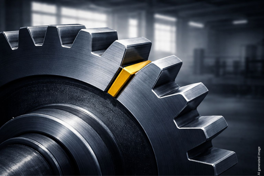 Nahaufnahme zweier ineinandergreifender Metallzahnräder in einer Industriehalle. Zwischen den Zähnen steckt ein goldener/gelber Keil, der die Mechanik blockiert.