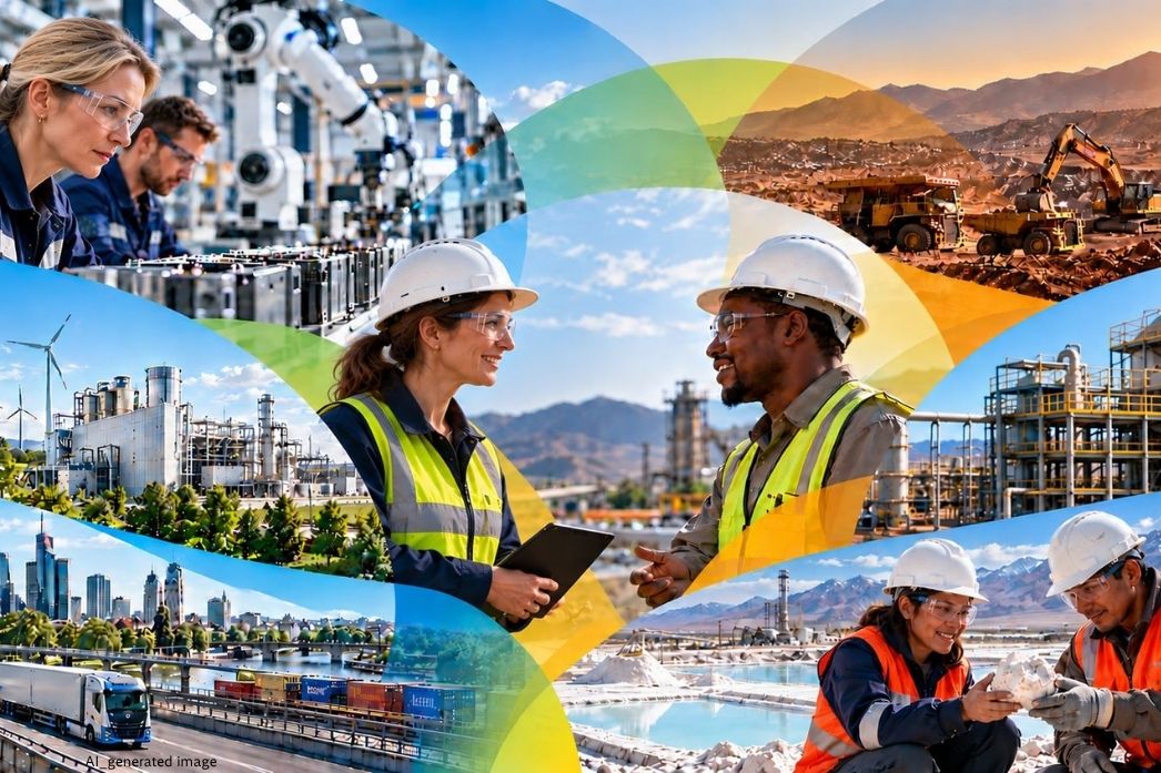 Photorealistic collage showing European manufacturing, renewable energy, mining and lithium production in the Global South, highlighting international industrial partnerships and resilient value chains.